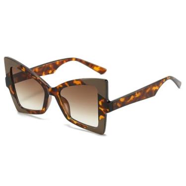 Imagem de HCHES Óculos de Sol Femininos com Estampa de Leopardo Retrô e Degradê, Armação Contrastante, Estilo Punk, Proteção UV400 (Leopardo Chá)