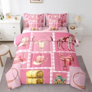 Imagem de Conjunto de edredom de casal de patchwork rosa ocidental com lençol para mulheres vaqueiras | Conjunto de cama de 7 peças com chapéu de caubói moderno moderno e moderno estilo faroeste, cama de