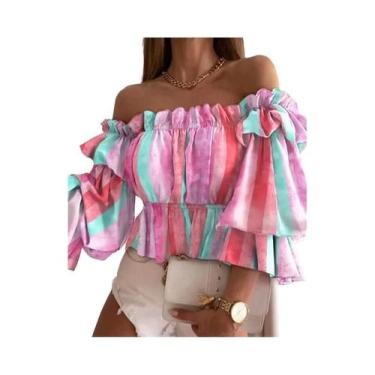Imagem de Blusa Feminina De Primavera Verão Com Estampa E Ombros Descidos, Manga