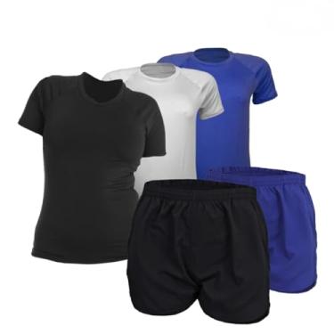 Imagem de 3 Camisetas Manga Curta + 2 Bermudas Tactel Feminina Proteção UV (G, Preto-Branco-Azul-Preto-Azul)