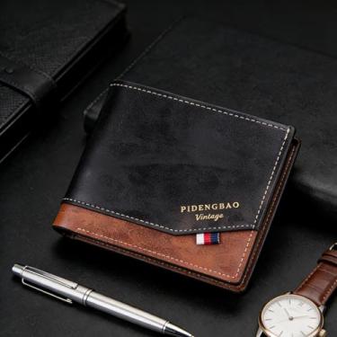 Imagem de Carteira masculina retrô dobrável de couro PU para homens com fina, carteiras modernas para dinheiro e cartões, carteiras masculinas marrons para presente, Preto, Retrô