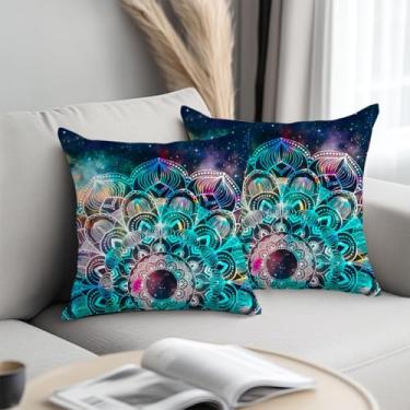 Imagem de Capas de almofada artísticas com estampa de mandala 45,7 x 45,7 cm, fronhas decorativas celestiais coloridas para sofá, sala de estar, quarto, decoração de casa