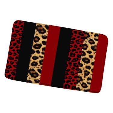 Imagem de Tapete de banho com estampa de leopardo vermelho moda menina animal selvagem guepardo listrado patchwork moderno abstrato geométrico tapetes de banheiro capacho de cozinha tapete de banheiro 45 x 75