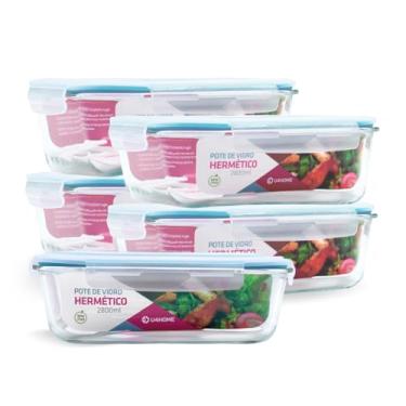 Imagem de Kit 5 Potes de Vidro Retangular com Tampa Hermética 2800ml (Azul)