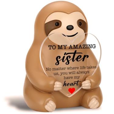 Imagem de akeke Sister Gifts Estatueta de preguiça, irmã preguiça positiva, 7,5 cm, decoração de mesa de resina com placa acrílica de coração inspirador, presente de aniversário de amizade motivacional para