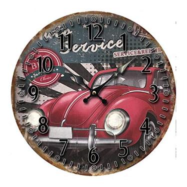 Imagem de Relógio de parede para amantes de carros de 30 cm, retrô, vintage, elegante, redondo, de madeira, decoração de casa de fazenda, silencioso, sem tique-taque, operado por bateria B 30 cm (E 30 cm))