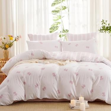 Imagem de Bildenly Capa de edredom Queen Size com laço rosa no lado A, listras brancas e rosa no lado B, jogo de cama macio de microfibra com fecho de zíper e 2 fronhas