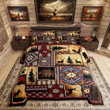 Imagem de Erosebridal Conjunto de edredom rústico xadrez para crianças, retrô, caça, animais selvagens, para meninos e homens, rústico, casa de fazenda, asteca, 3 peças, 3 peças