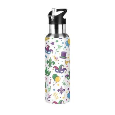 Imagem de Wassud Garrafa de água com máscaras decorativas de carnaval de aço inoxidável garrafa de água esportiva com canudo garrafas de água isoladas copo portátil de viagem 623 g
