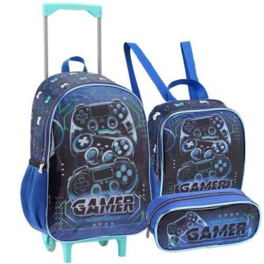 Imagem de Conjunto Material Escolar Gamer Mochila de Rodinhas Lancheira Térmica 