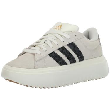 Imagem de adidas Tênis feminino de camurça Grand Court Platform, Branco/carbono/ouro fosco, 6