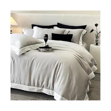 Imagem de x3anggyt5 Conjunto de cama de algodão Lyocell luxuoso 4 peças macio sedoso cor pura capa de edredom lençol e fronha (cinza, Queen 200 x 230 cm 4 peças)