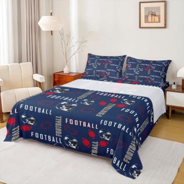 Imagem de jejeloiu Jogo de lençol casal de futebol americano New England para decoração de quarto de meninos e meninas adolescentes com bolsos profundos de 40 cm, azul e vermelho macio feminino e masculino
