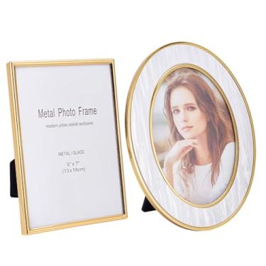 Imagem de OLYCRAFT Pacote com 2 porta-retratos de metal dourado, vintage, para pendurar na parede, mesa, molduras retangulares, ovais, flutuantes, para decoração de casa e escritório, galeria de fotos e parede