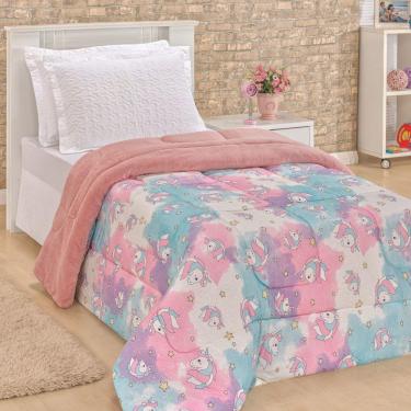 Imagem de Edredom Infantil Malha Estampada 1 Peça Unicórnio Rosa