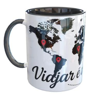Imagem de Caneca Porcelana Mapa Mundo Viajar Aviação - Pense Canecas, Preto