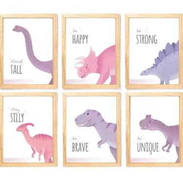 Imagem de Quadro Infantil Dinossauro Rosa 6 Un A4 Vidro E Pendurador - SHOPPINGN