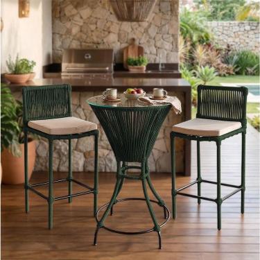 Imagem de Conjunto 2 Banquetas E Bistrô Com Tampo De Vidro Em Aço E Corda Náutica Verde Baré Asse...