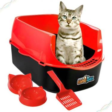 Imagem de Kit Sanitario Caixa De Areia P/ Gatos Sandbox Furba Jelplast Vermelho 