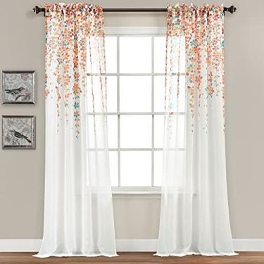 Imagem de Lush Decor Par de painel de cortina de janela transparente com flores chorando, 213,4 cm de comprimento x 96,5 cm de largura, turquesa e tangerina