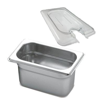 Imagem de Conjunto Cuba Gastronômica Inox GN 1/9x100 mm 1 Litro Sem Alça com Tampa de policarbonato 1/9 com abertura para colher / concha