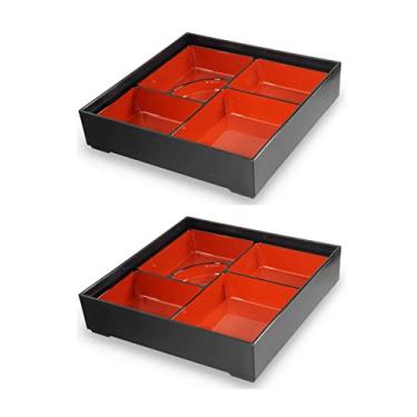 Imagem de Conjunto de 2 peças de plástico tradicional japonês Japonês Bargain 1593, grande lancheira Bento Box 6 compartimentos laqueado para restaurante ou bandeja de casa e prato feito no Japão, cor vermelha e preta, 35,5 x 26,5 cm