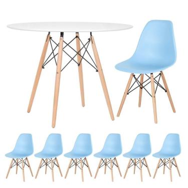 Imagem de Mesa Redonda Eames 100cm Branco + 6 Cadeiras Azul Claro