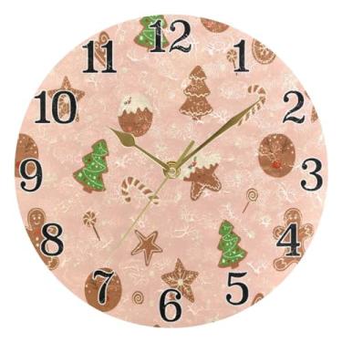 Imagem de KLL Relógio de parede redondo rosa com árvore de Natal e pão de gengibre marrom operado por bateria, relógios de parede de 25,4 cm, relógio silencioso e pintado em acrílico para casa, escola, garagem,
