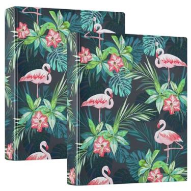Imagem de Fichário de anéis redondos para cadernos de 3,5 cm com bolsos internos, pacote com 1/2 material escolar, 200 folhas, flamingos tropicais