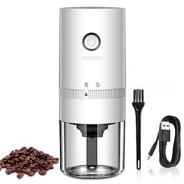 Imagem de Iruihoo Moedor de café elétrico portátil, 4 xícaras pequeno moedor cônico automático moedor de grãos de café com configuração multi moagem para espresso gotejamento despeje sobre prensa