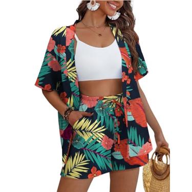 Imagem de REDHOTYPE Conjunto feminino de 2 peças, estilo quimono, estampa tropical, blusa de meia manga, shorts de verão (P-GG), Flor tropical 01, G