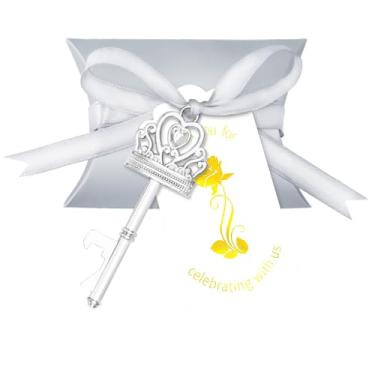 Imagem de 50 conjuntos de abridores de garrafa vintage com chave, presente de lembrança de casamento para convidados com etiqueta de acompanhante, caixa de doces e fita de cetim (prata)