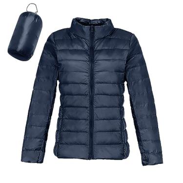 Imagem de Jaqueta feminina acolchoada embalável, leve, curta, de inverno, moderno, slim fit, jaqueta acolchoada leve com capuz, 3 - Azul-marinho, GG