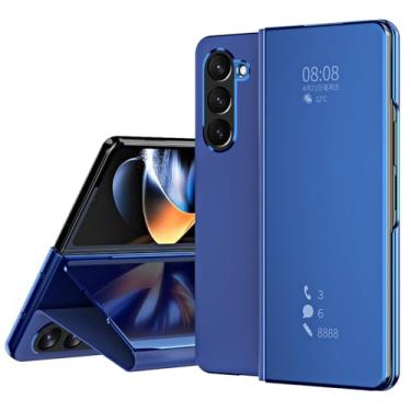 Imagem de POYUFRG Capa flip para Samsung Galaxy Z Fold 6, Smart Clear View Makeup Mirror Plating Hard PC Kickstand Slim Leather Capa protetora de corpo inteiro, azul