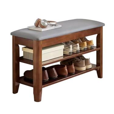Imagem de Prateleira de armazenamento de banco de sapatos de entrada de madeira, sapateira de 3 níveis para sala de estar, quarto, corredor, móveis, marrom