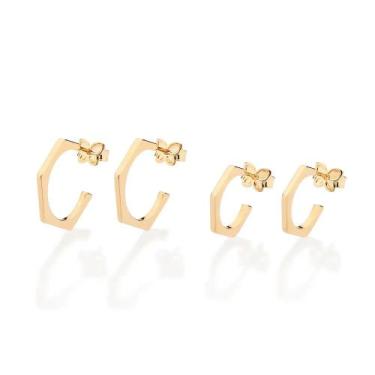 Imagem de Kit 2 brincos rommanel 1 e 2 furo banhado ouro 18k feminino meia argol
