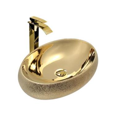 Imagem de Kit Cuba Pia Louça Cerâmica Banheiro C/Torn E Vál Dourada 85 - Smart N