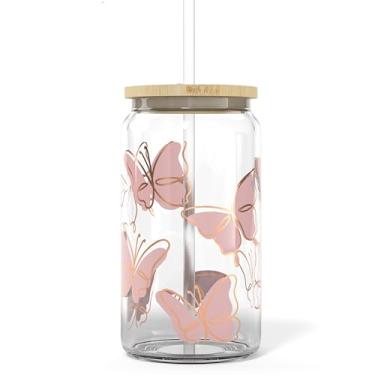 Imagem de Xícara de café gelada com tampas e canudos de bambu | Copos de vidro para café gelado, copo de vidro para café gelado, copo Boba | Copo para lata de cerveja e copo de smoothie - Borboleta