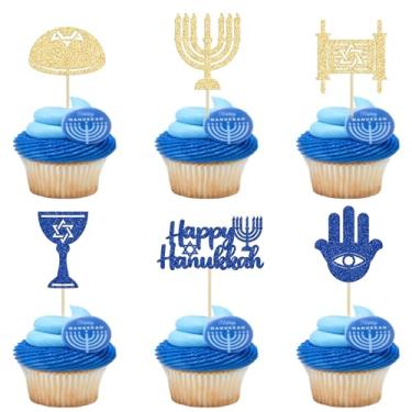 Imagem de Gyufise 24 peças Happy Hanukkah Cupcake Toppers Castiçal Hexagrama Decorações de Topo de Bolo para Decorações de Festa de Hanukkah Tema de Chanukkah Artigos de Festa