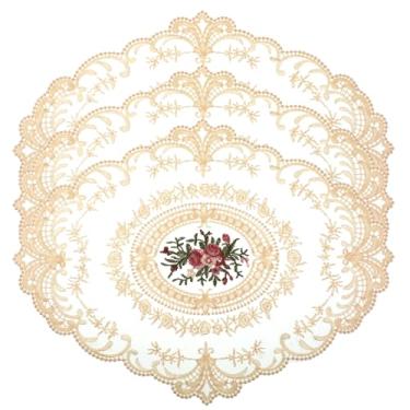 Imagem de 3 peças de jogo americano bege retrô de renda, 43 x 33 cm, bordados, requintados, toalhas de crochê francesas, tapetes de mesa bordados feitos à mão para copo de casamento, decoração de mesa