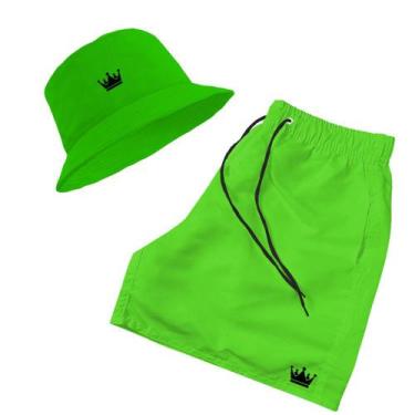 Imagem de Short Praia + Chapeu Bucket Hat Masculino Verde Com Cordao Preto - MP 