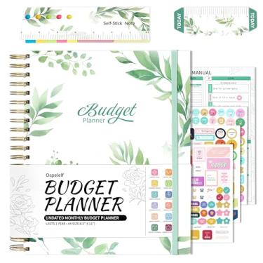 Imagem de Ospelelf Agenda de orçamento 2025, planejador de orçamento espiral e organizador de notas mensais com adesivos, 21 x 28 cm, agenda de orçamento sem data com 12 bolsos e bolsa com zíper (verde)