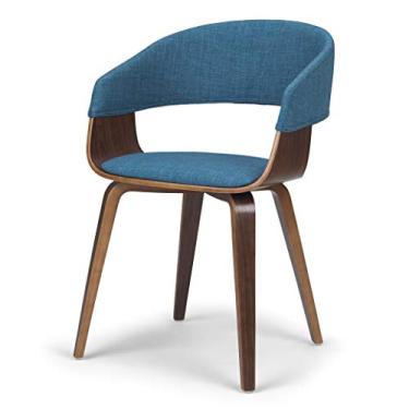 Imagem de SIMPLIHOME Cadeira de jantar Lowell Bentwood, tecido de linho azul e madeira maciça, arredondada, estofada, para a sala de jantar, moderna do meio século