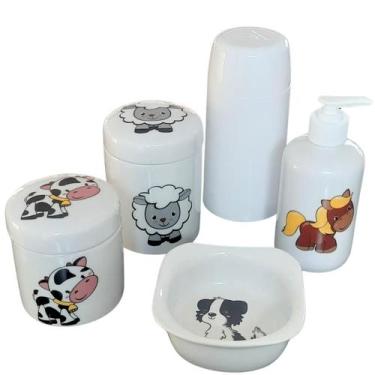 Imagem de Kit higiene bebê Fazendinha 5 peças - potes, porta álcool, garrafa tér