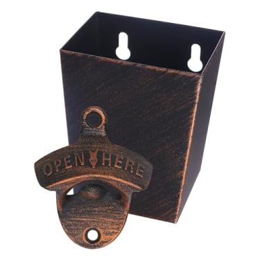 Imagem de Jumiok Abridor de garrafas vintage de parede e apanhador de tampa com abridor de garrafa de refrigerante montável em cobre antigo e suporte superior para garagem, pátio, bar