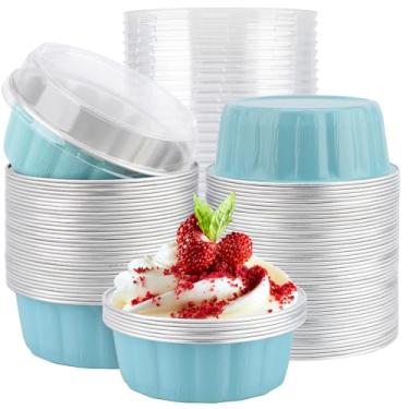 Imagem de EUSOAR Recipientes para levar com tampas, 100 peças de bolo azul de 255 g, recipientes de bolo descartáveis, ramequins com tampas, padaria, cheesecakes, muffins de torta, envoltórios redondos para