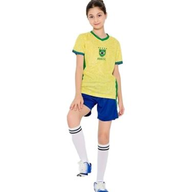 Imagem de Bolognifi Camisa de futebol infantil, camiseta da Copa Europeia/Américas, meninos e meninas, conjunto de shorts esportivos de futebol com meia manga(Brazil,6-7A)