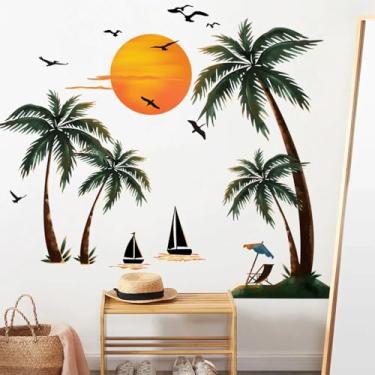 Imagem de Decalques de parede de palmeiras grandes plantas tropicais pôr do sol adesivos de parede removíveis folhas verdes coqueiro arte de parede vinil verão praia pássaros descascar e colar papel de parede