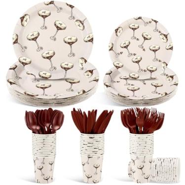 Imagem de Zhehao 150 peças de utensílios de mesa para festa de martini expresso um Tini Bit pratos de papel descartáveis para festas mais antigas copos com garfos de plástico, facas e colheres para decoração de