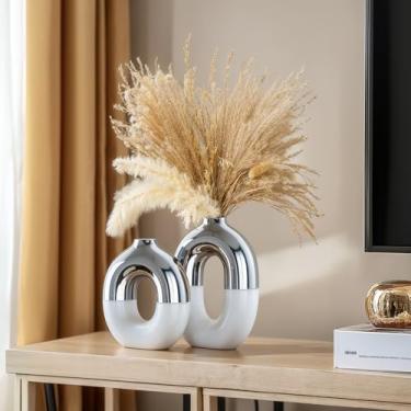 Imagem de Conjunto de vaso de cerâmica branca e prata para decoração de casa, vaso redondo de rosquinha para grama dos pampas para decoração de prateleiras, nórdico moderno para estante de livros, lareira